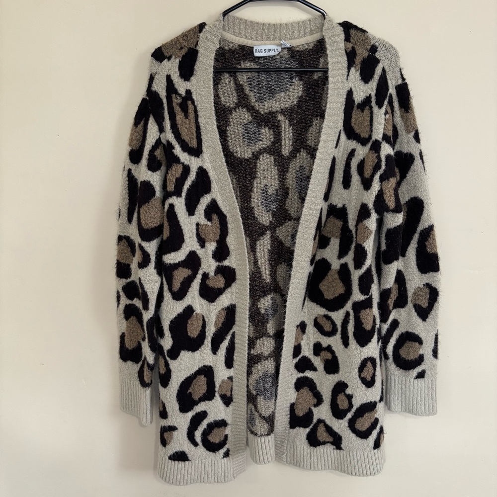 Black, Brown, Beige Cardigan Sweater Fall Bold‎ Leopard Print Size L
